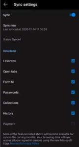 Microsoft Edge Sync Settings
