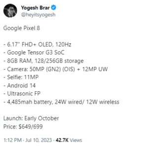 Pixel 8 传闻售价