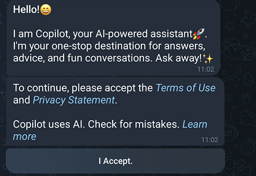 Microsoft AI Copilot Telegram Terms