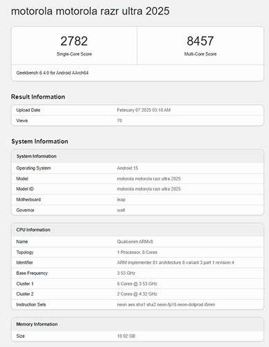 Razr Ultra 2025 Geekbench