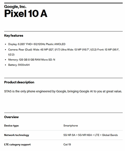 Pixel 10a 規格
